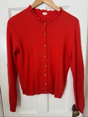 J. Crew Red Orange Ruffle-Trim Button Cardigan Sweater